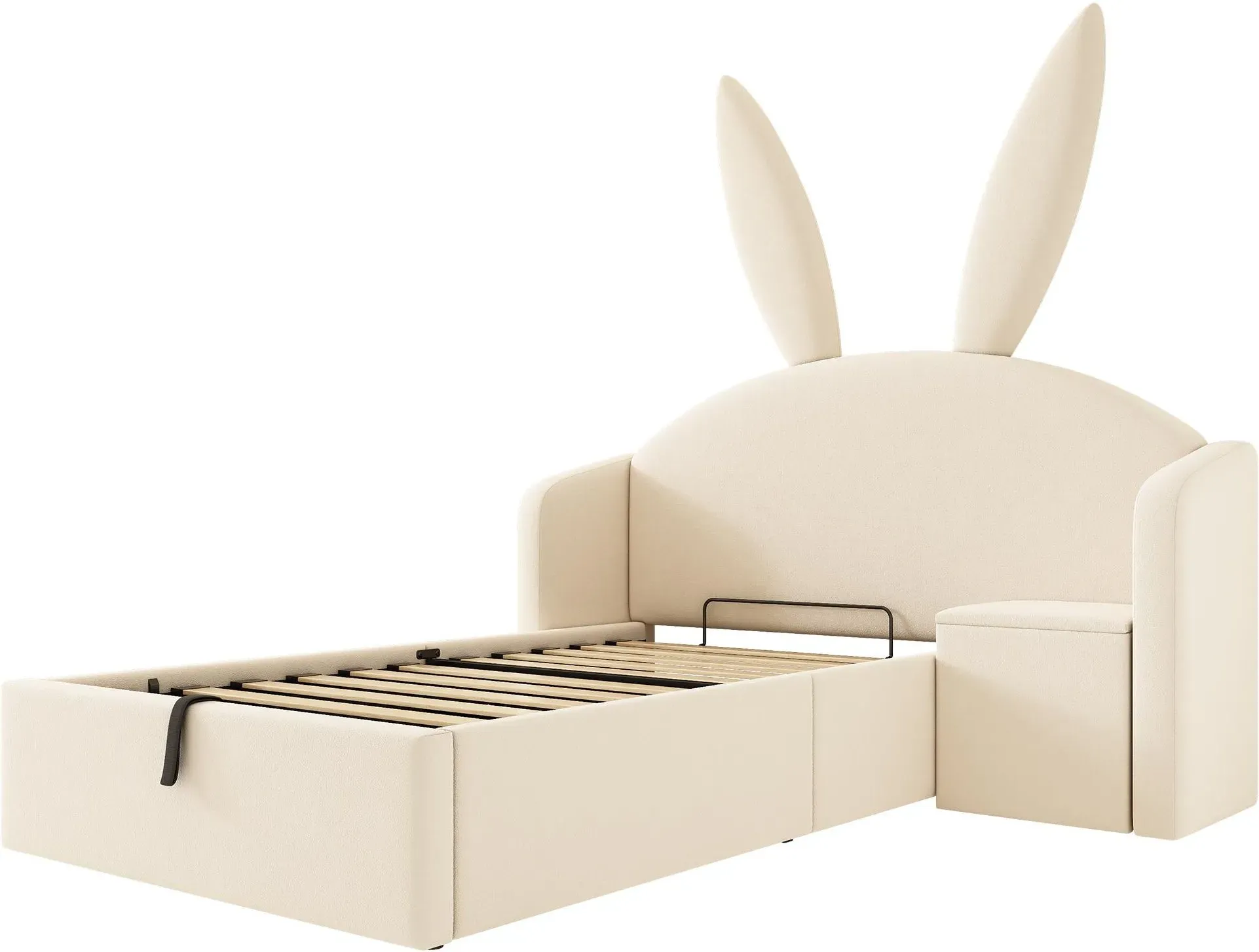 Jugendbett 90x200 cm mit hydraulischem Bettkasten, Polsterbett mit Hasenohr-Kopfteil, ohne Matratze, 216x149x143 cm, Beige