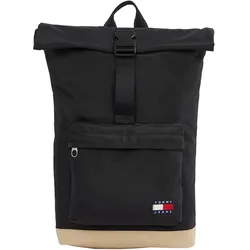 Freizeitrucksack TOMMY JEANS "TJM ESS DAILY ROLLTOP BACKPACK", Gr. B/H/T: 39cm x 42cm x 13cm, schwarz, Textil, casual, Rucksäcke, Men Travelbag, Cityrucksack mit kontrastfarbigem Boden