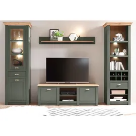 IMV Furn.Design Wohnwand, Grün, Eiche Wotan, Metall, Nachbildung,Eiche, Uni, 3 Fächer, 2 Schubladen, 308x207x45 cm, Wohnzimmer, Wohnwände, Wohnwand-Sets