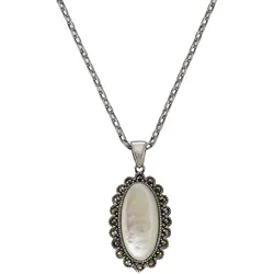 Zeeme Gemstones Halskette Silber 925 oxydiert 45cm lang mit weißem Perlmutt und Markasit-Steinen