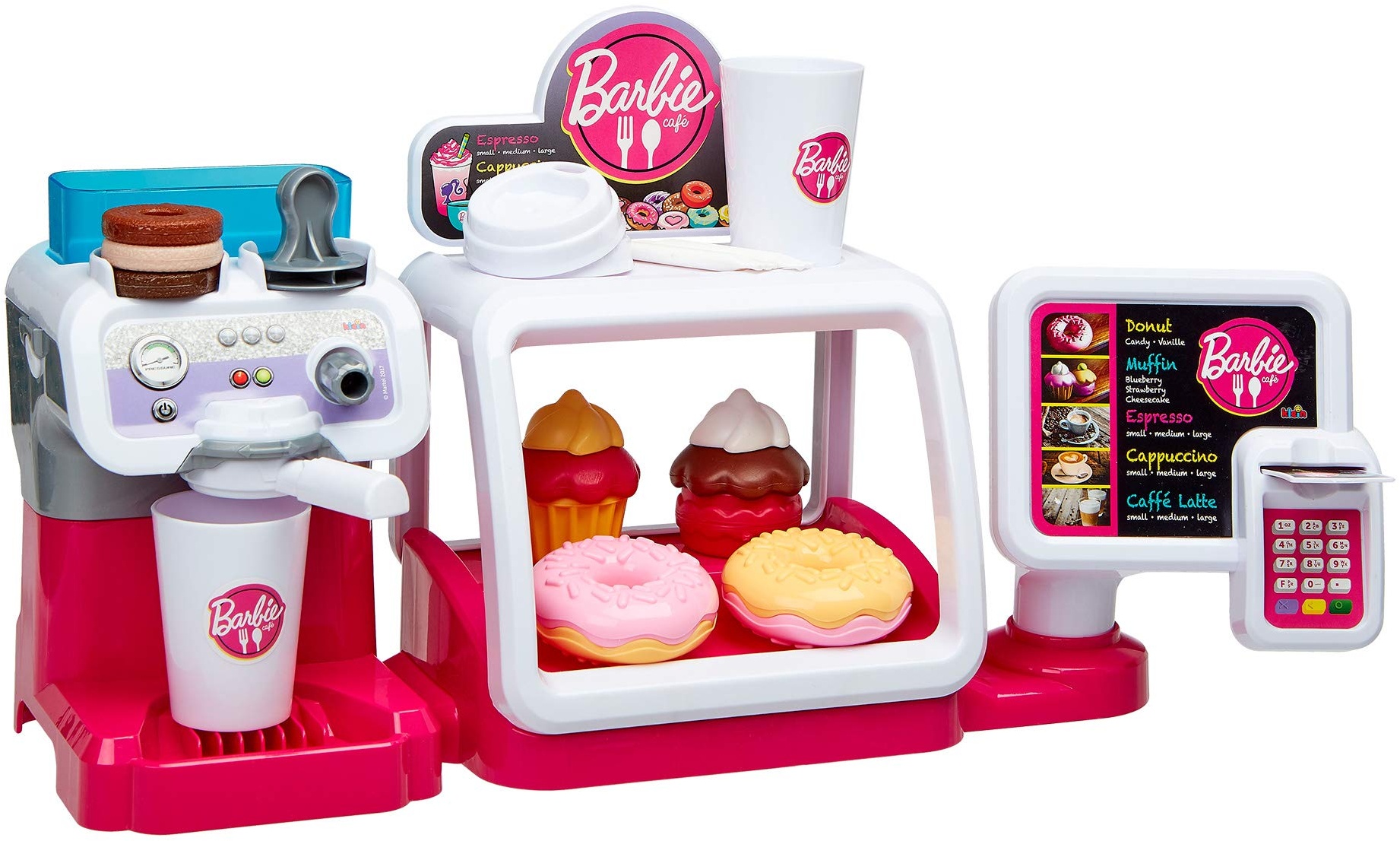 Theo Klein 9526 Barbie Coffee Shop I Espresso-Bar mit Wasserdurchlauffunktion und Touchdisplay I Inkl. Zubehör I Spielzeug für Kinder ab 3 Jahren