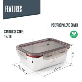 Lacor - 64612 - Rechteckiger Ecoinox-Lebensmittelbehälter, Edelstahl 18/10, 1800 ml, Geeignet für Mikrowelle, Backofen, Gefrierschrank und Geschirrspüler, luftdicht, 4 Clipverschlüsse, BPA-frei