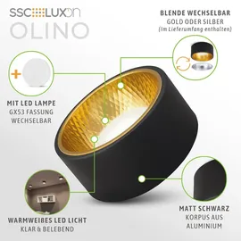 SSC-LUXon OLINO Aufputzleuchte schwarz LED mit wechselbarer Front gold oder silber - Spot Aufputz flach neutralweiß LED GX53 230V