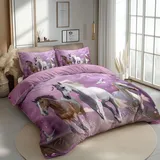 CozyRest Rosa Bettwäsche 135 x 200 cm 3 teilig Kinder Bettbezug mit Reißverschluss, Tiere Pferd und Kirschblütenwald Muster Wendebettwäsche Set Wendedesign und Kissenbezug