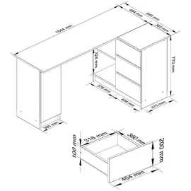 akord furniture factory AKORD B20 rechts Weiß mit 4 Ablagen B155 x H77 x T85 cm - Weiß