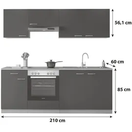 Respekta Küchenzeile Gerda 210 cm E-Geräte Glaskeramikkochfeld grau/buche nachbildung