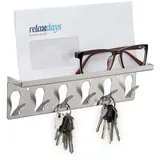 Relaxdays Schlüsselbrett, 6 Haken & Ablagefläche, modernes Design, HxBxT: 7x24,5x5 cm, Stahl, Schlüsselboard, Silber,