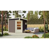 Karibu Saunahaus Außensauna Gartensauna Pelle terragrau lackiert Ofen 9 kW  externe Strg easy 38mm Massivholz 231x231x227 cm