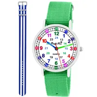 Pacific Time Kinder Armbanduhr Mädchen Jungen Lernuhr Kinderuhr Set 2 Textil Armband grün + blau-Weiss analog Quarz 11106