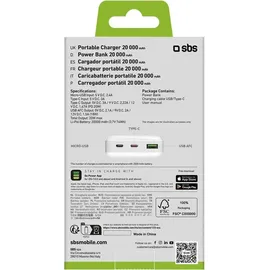 SBS Powerbank 20.000 mAh, Weiß