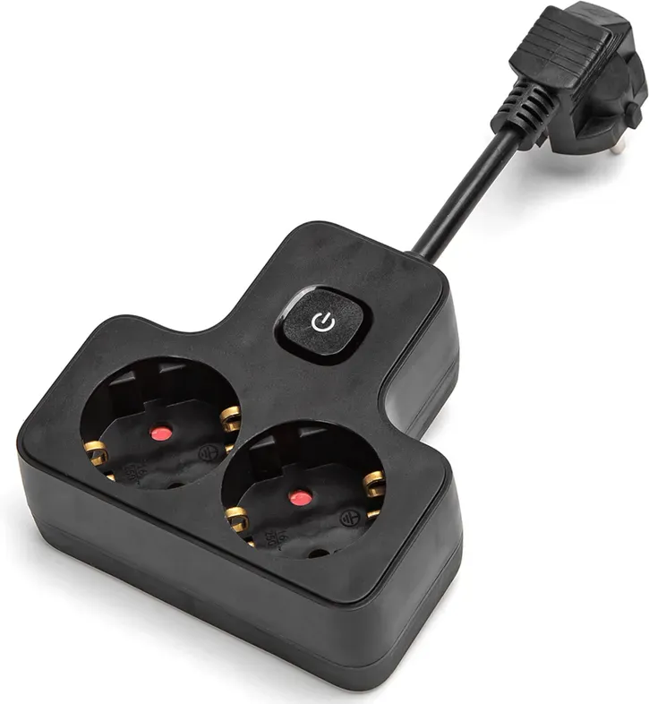 Aigostar Steckdosenleiste mit Kabel/Deutsch 2-fach/3G1.0mm2/5cm/Kurzes Kabel/Mit quadratischem Schalter/T-Form/Schwarz/PP