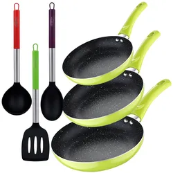 San Ignacio - Set mit 3 Bratpfannen (20/24/28 cm), gepresstes Aluminium, grün, mit Set 3 Nylon-Küchenutensilien
