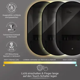 PonteSino HOKO Badspiegel LED 45x75 cm Wandspiegel Oval+Rahmen+LED Wechsel Warmweiß-Kaltweiß-Neutral 2700-6500K+Touch Schalter+Memory-Funktion. Turin - Schwarz