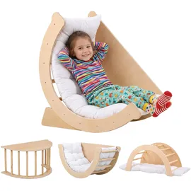 Relaxdays Kletterbogen Holz, Kissen, 50 kg, HxBxT 44,5 x 80 x 40 cm, Wippbogen, Natur/weiß