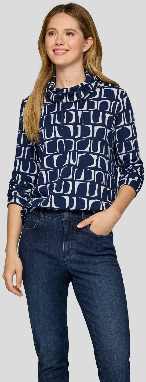 Langarmshirt RABE, Damen, Gr. 44, pazifik, Web, Obermaterial: 62% Polyester, 34% Viskose, 4% Elasthan, bedruckt, normal hüftbedeckend, Rundhals, Shirts Langarmshirt, mit grafischem Muster und gerafftem Kragen mit Kordelzug