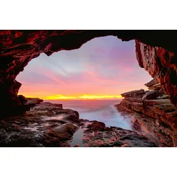 Fototapete PAPERMOON "GROTTE-FELSEN HÖHLE SONNENAUFGANG KÜSTE OZEAN MEER", bunt, B:4,00m L:2,60m, Vlies, Tapeten