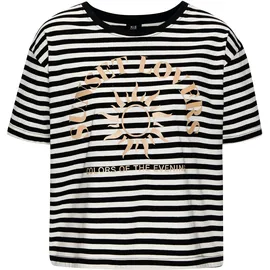 H.I.S. T-Shirt H.I.S, Damen, Gr. 36/38, schwarz (schwarz gestreift), Web, Obermaterial: 100% Baumwolle, gestreift, figurumspielend hüftlang, Rundhals, normaler Saum, Shirts T-Shirt, gestreift mit Print, Loungewear