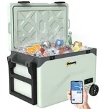 Outsunny 42,5 L Kompressor Kühlbox Leise elektrisch Mini Kühlschrank bis -20°C Kühlbox mit Bluetooth LED Rolle Kühlfunktion Griff Handyhalter Stoßfest Gefrierbox 12/230 Volt für Auto LKW Reisen Grün