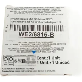 Amazon Basics MicroSDXC, 256 GB, mit SD Adapter, A2, U3, Lesegeschwindigkeit bis zu 100 MB/s, Schwarz