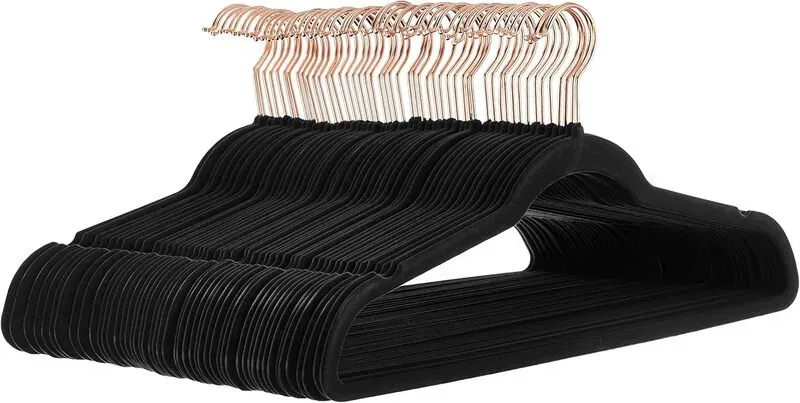 ANQI Samt-Kleiderbügel, rutschfest, für Anzüge, Schwarz/Roségold, 50er-Pack