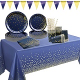 Marineblau gold Partygeschirr–Partyzubehör Pappteller Set , Einschließlich Banner, Teller, Tassen, Servietten,Tischdecke, Strohhalme –für Hochzeiten, Geburtstag, Jubiläums, Babyparty, für 25 Gäste (A)