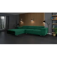 Goldstoff Ecksofa mit Schlaffunktion und Bettkasten, Designer Schlafsofa mit Bettkasten, Big Sofa - VENUS TWIN, Couch mit verstellbaren Kopfstützen in dunkelgrün grün