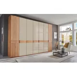Drehtürenschrank WIEMANN "Cardiff, Massivholztüren in Kombination mit Glas- oder Spiegeltüren", beige (glas champagner), B:344,2cm H:236cm T:58cm, Floatglas, Holzwerkstoff, Hartfaserplatte, Massivholz, Schränke, hochwertiges Design in langlebiger Qualität, viel Stauraum