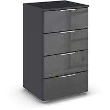 Rauch Möbel Mars Kommode, Nachttisch, Schubladenkommode, Aufbewahrungsschrank, Nachtschrank für Boxspringbett, 4 Schubladen mit Glasfront, Farbe Grau metallic, Schwarz, 47x81x42cm