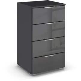 Rauch Möbel Mars Kommode, Nachttisch, Schubladenkommode, Aufbewahrungsschrank, Nachtschrank für Boxspringbett, 4 Schubladen mit Glasfront, Farbe Grau metallic, Schwarz, 47x81x42cm