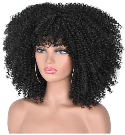 Perücke Afro Kinky Schwarze Damen Kurze Wellige Perücken Locken Für Frauen Synthetische Natürliche Haar Wig mit Pony Natürlich lockige Perücke(Schwarz)