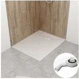 WITEN&NOCK Duschwanne 90x70 cm SMC Brausewanne weiß Steinoptik Antirutsch Duschtasse Höhe 3,2 cm Extraflach Brausetasse mit Anlaufgarnitur