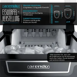 Arendo Eiswürfelmaschine elektrisch, 12-15 kg in 24 h, 1,8 Liter Eiswürfelbereiter, Eiswürfel in 7,5 - 8,5 min, Ice Cube Maker, 105 Watt, Schwarz