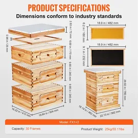 Vevor Bienenstock, Zander Beute für 30 Rahmen, mit Bienenwachs beschichtetes Holz, 2 tiefe + 1 mittelgroßer Bienenkasten, Langstroth-Bienenstock-...
