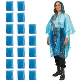 Relaxdays Regenponcho, 20er Set, Einweg Regencape mit Kapuze, Wandern, Festival, Notfallponcho für Damen & blau,