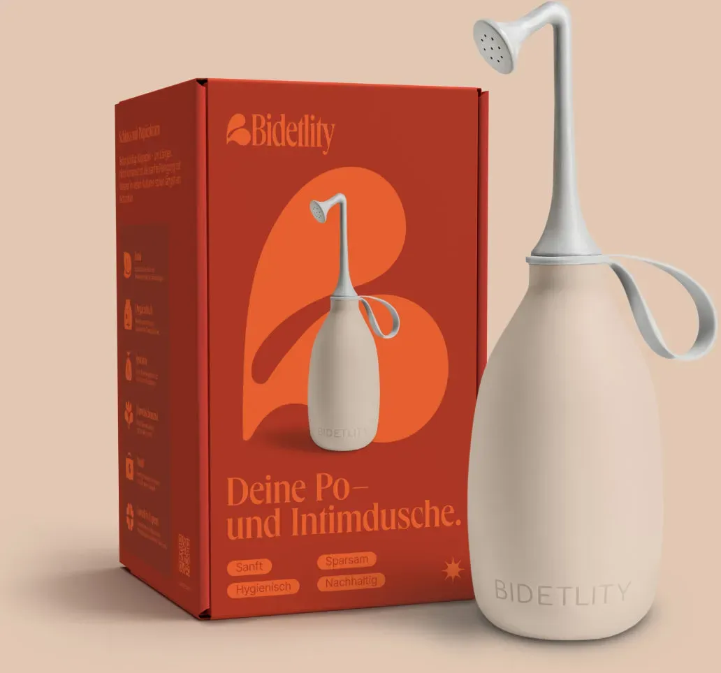 Bidetlity Po-Dusche | Podusche & Intimdusche Soft Sand / Verpackt | ersetzt Feuchttücher | Wochenbett & Reise-Bidet