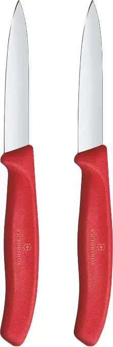Victorinox Swiss Classic 2-teiliges Gemüsemesserset mit rotem Griff, 8 cm gerader Klinge, Geschenkbox-Verpackung