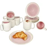 MamboCat 12tlg Frühstücksset Reactive Glaze Paris Steingut 6 Personen Teller Becher Pink