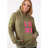 Zwillingsherz Kapuzensweatshirt mit gesticktem Neon Herz am Ärmel und "Love" Schriftzug auf Kordel grün L/XL