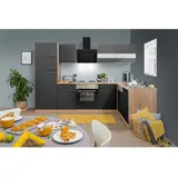 Economy Eiche Sonoma Sägerau Nachbildung L-Form E-Geräte 280 x 172 cm mit Edelstahlkochfeld grau