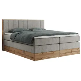 MKS Meble King Boxspringbett 160x200 mit Bettkasten Eiche, Polsterbett mit Matratze H3, Bett mit Rahmen in Wotan Eiche und Kopfteil... - Hellgrau