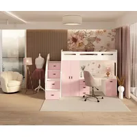 Hochbett , Etagenbett ZU PL mit Matratze, Schreibtisch, Kleiderschrank. Farbe Weiß/Rosa. Treppe beide seitig montierbar