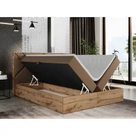 MKS Meble Boxspringbett 160x200 mit Bettkasten, Polsterbett 160x200 mit Matratze H3, Boxspringbett 160x200 mit Kopfteil, Boxspringbett mit Massivholz - Gunar... - Braun