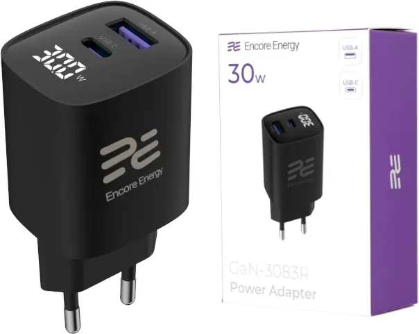 Neues Netzladegerät Encore Energy GaN QC 4 PD 3.0 USB-A USB-C 30W GaN-3083R mit Display