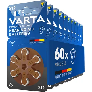Varta Hörgerätebatterien Typ 312 braun, Batterien 60 Stück Vorratspack, Power on Demand, wireless approved, Größe p 312 für Hörgeräte & Hörhilfen, Made in Germany