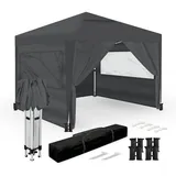 Wasabi Faltpavillon 3x3 m Wasserdicht – Garten Pavillon Stabil – Partyzelt mit 4 Seitenwänden – Klappzelt mit Sandsäcken, Erdnägeln und Seilen – Transporttasche – Grau