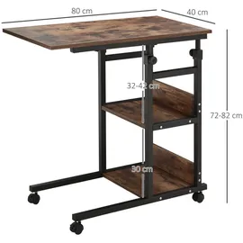 Homcom Beistelltisch mit Rollen, Höhenverstellbarer Schreibtisch mit 2 unteren Regalen, Sofatisch Laptoptisch, Betttisch, für Wohnzimmer, Wohnzimmertische, Beistelltische