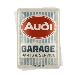 Nostalgic-Art Retro Blechpostkarte, 10 x 14 cm, Audi – Garage – Geschenk-Idee für Audi-Zubehör Fans, Original Lizenzprodukt (OLP), Postkarte aus Metall, Mini-Blechschild als Grußkarte