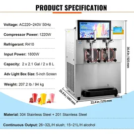 Vevor 8 L x 2 Kommerzielle Slusheis Maschine, Slushgerät mit 26~32 L/Std. Slush Slushy Maschine, 1800 W Slush Maker Maschine 94 kg Slush-Eismaschine Edelstahl Slushy Maschine 570 × 680 × 925 mm