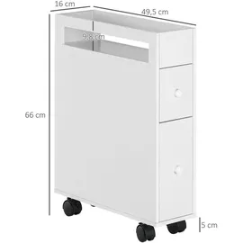 kleankin Badezimmerschrank mit Rollen, Nischenschrank mit 2 Schubladen, Badschrank mit offenem Fach, Badrollwagen, für Bad, 16 x 49,5 x 66 cm, Weiß