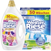 WEISSER RIESE-Set Gel 1x 50 Waschladungen Aromatherapie Color Orchidee, mit Good Mood-Duft & Pulver 1x 50 Waschladungen Universal, Vollwaschmittel wirkt riesig stark gegen Flecken